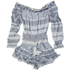 Ripcurl‎ Blue White Geometric Print Off Shoulder Romper Tassel Tie Size S